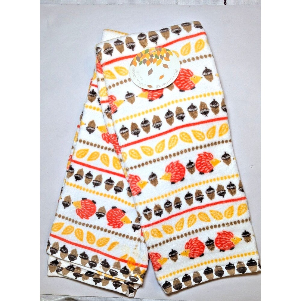 Swirling Leaf Hedgehog Acorns Kitchen Towels Autumn Leaves Fall Print 2pc Gift